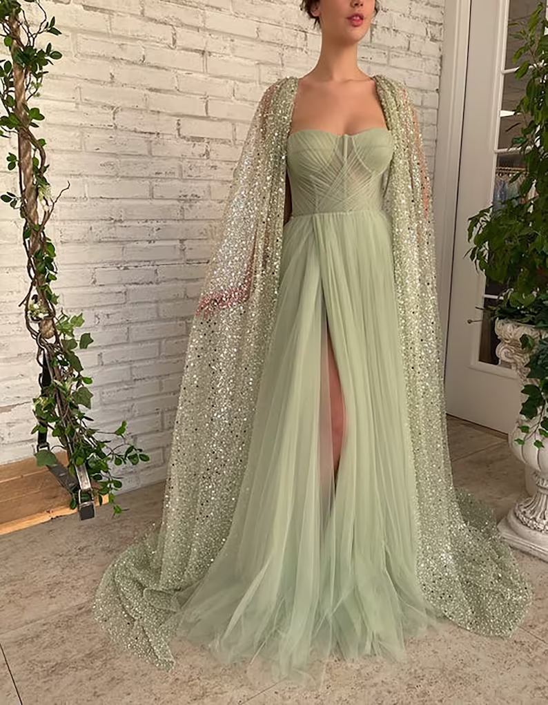 Sage Green Prom dress A line Floor-length Aurora Cape Tulle Prom Dress  gh1828