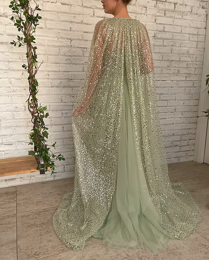 Sage Green Prom dress A line Floor-length Aurora Cape Tulle Prom Dress  gh1828
