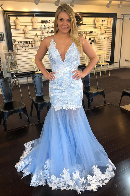 Mermaid V-Neck Lace Appliques Sky Blue Prom Dress  gh2312
