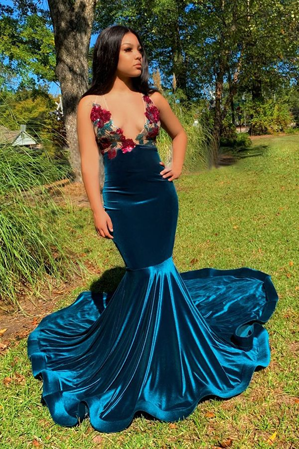 Mermaid Deep V Neck Backless Embroidery Blue Prom Dress gh2324