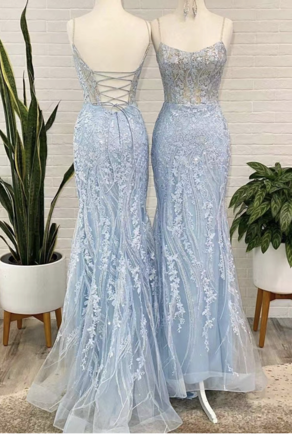 Elegant Sky Blue Prom Dresses with Appliques Lace gh2296