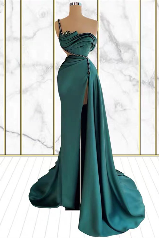Chic Emerald Green One Shoulder Prom Dress Mermaid Side Slit gh2048