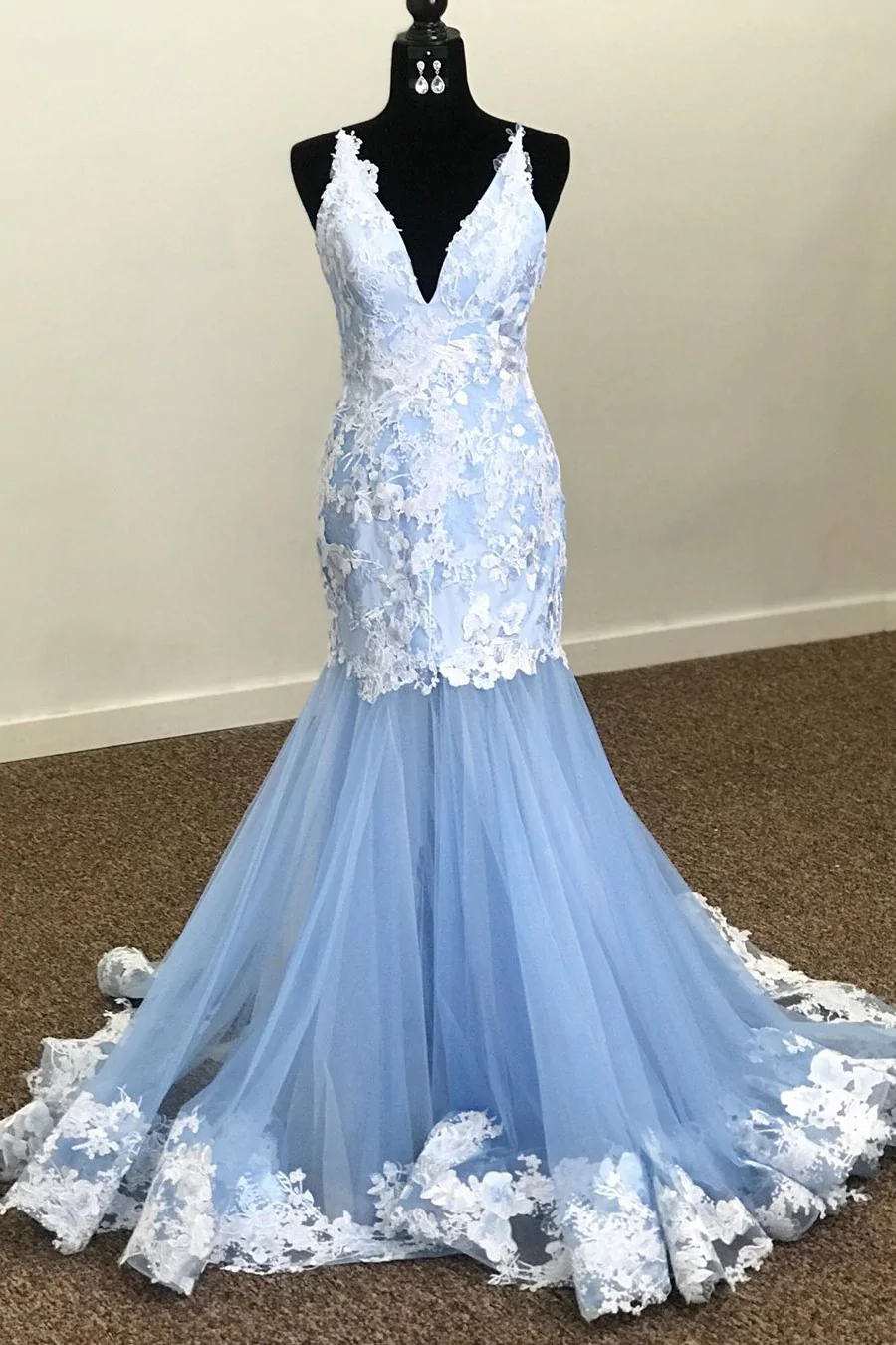 Mermaid V-Neck Lace Appliques Sky Blue Prom Dress  gh2312