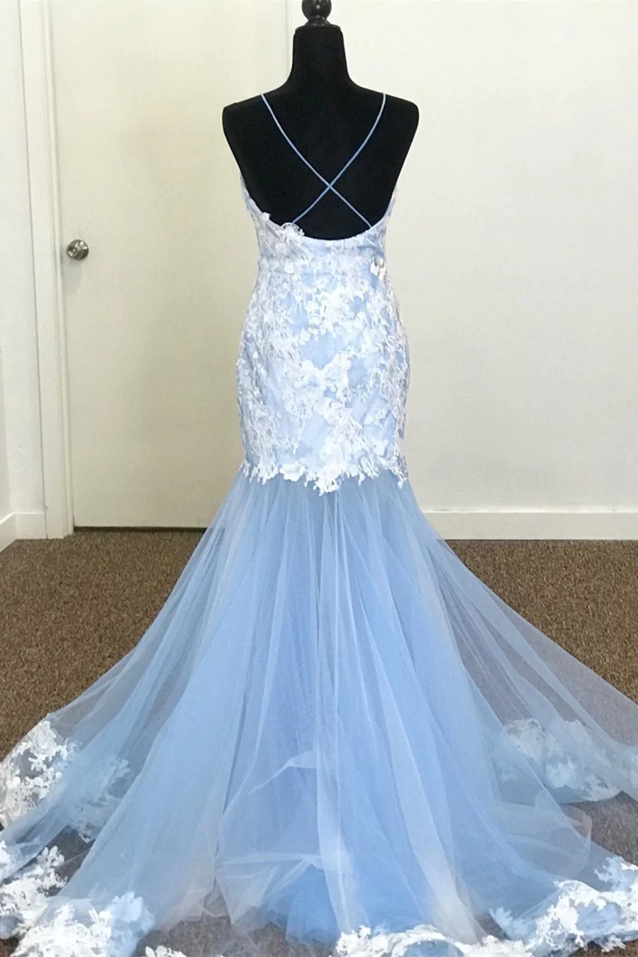 Mermaid V-Neck Lace Appliques Sky Blue Prom Dress  gh2312