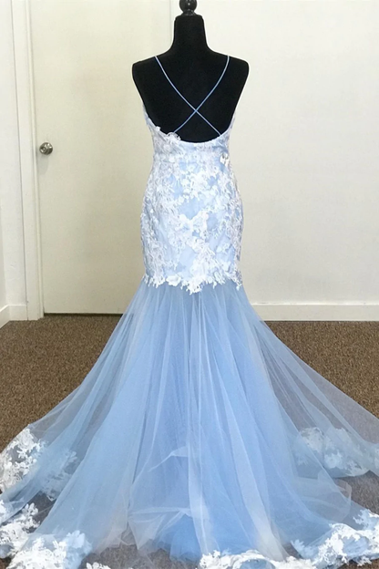 Mermaid V-Neck Lace Appliques Sky Blue Prom Dress  gh2312