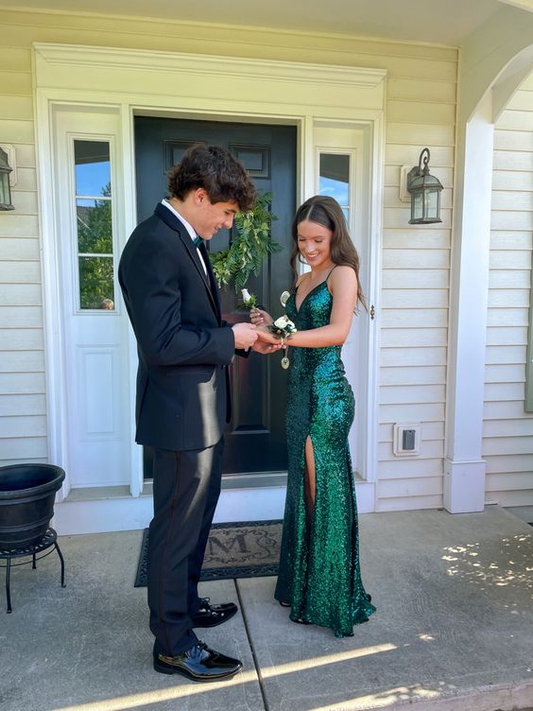 Spaghetti Straps Green Prom Dress With Slit gh2857
