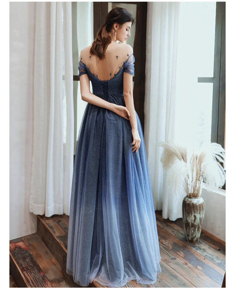Starry Blue Prom Dress Off Shoulder Floral Event Dress Sparkling Long Party Dress Aline Event Dress Gradient Long Dress Fairy Glitter Dress gh2637