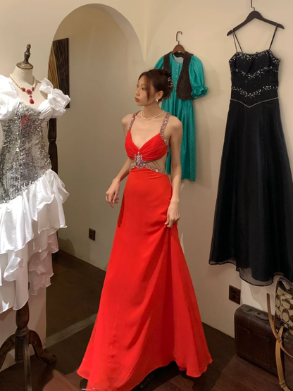 Vintage A Line Spaghetti Strap Red Beaded Sequin Chiffon Long Open Back Prom Dress Evening Dress SH2972