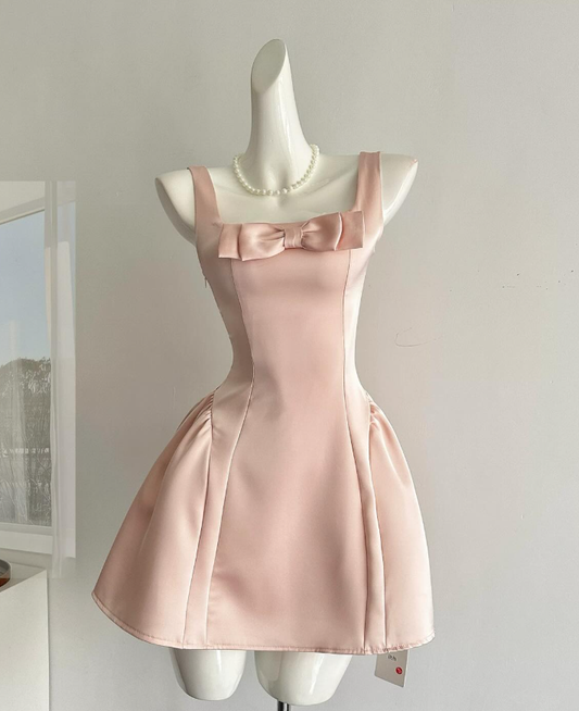 Cute A Line Straps Bow Light Pink Satin Short Homecoming Dress Cocktail Dress SH3052