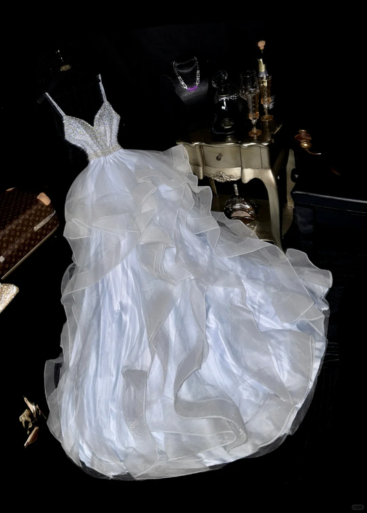 Gentle A Line Spaghetti Strap Beaded Ruffle White Organza Purple Satin Long Prom Dress Party Dress SH3068