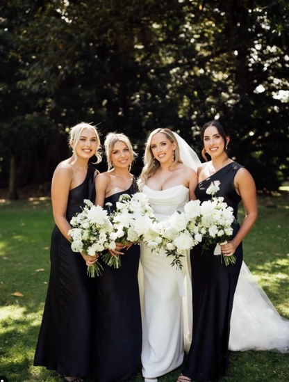 Pretty Sheath One Shoulder Black Satin Bridesmaid Dress Evening Dress with Slit SH3206