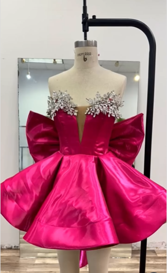 Gorgeous Hot Pink Satin Beaded Homecoming Dress Short Birthday Dress With Bow S488