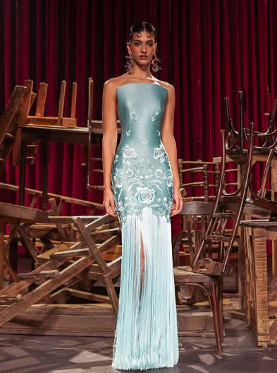 Unique Sheath Strapless Embroidered Flower Sage Green Satin Party Dress Evening Dress SH2899