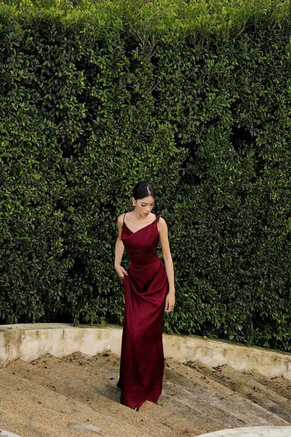 Elegant Burgundy Satin Long Bridesmaid Dress, Formal Party Dress D961
