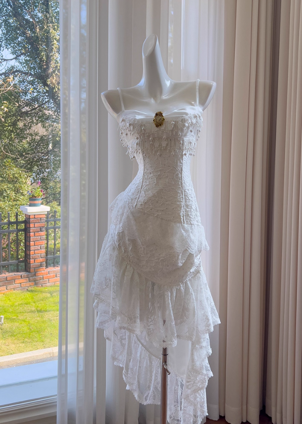 Cute A Line Spaghetti Strap Tiered Pearl White Lace Party Dress Evening Dress SH2818