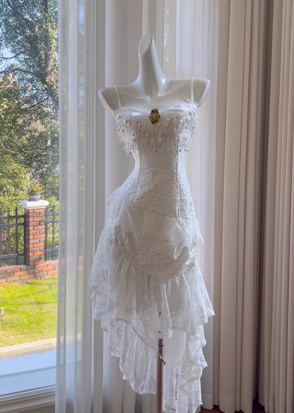 Cute A Line Spaghetti Strap Tiered Pearl White Lace Party Dress Evening Dress SH2818