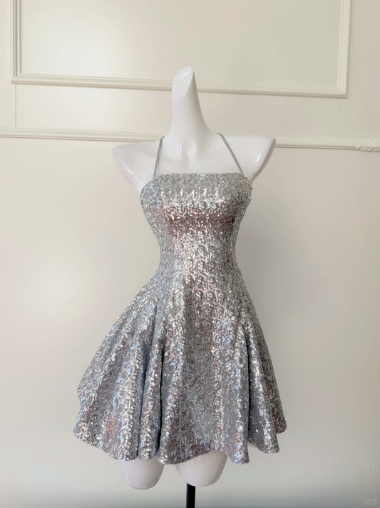 Shiny A Line Spaghetti Strap Silver Sequin Short Open Back Homecoming Dress Cocktail Dress SH3005