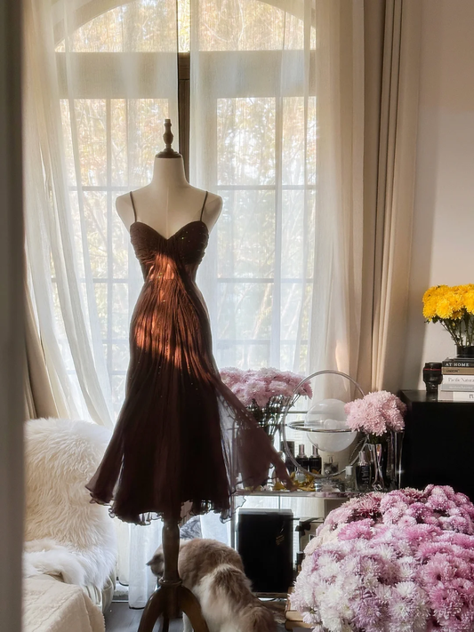 Cute A Line Spaghetti Strap Brown Chiffon Prom Dress Evening Dress SH2985