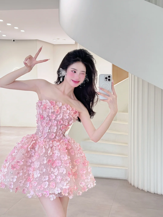 Stunning A Line Strapless Flower Pink Tulle Short Homecoming Dress Cocktail Dress SH2994