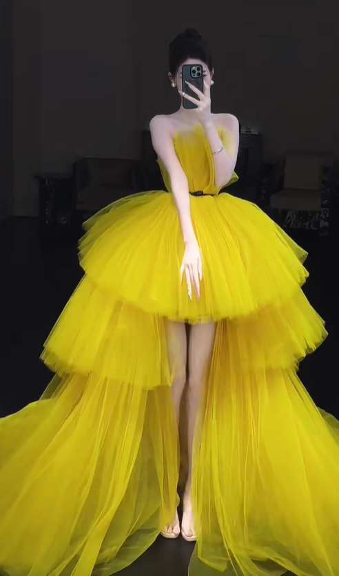 Cute A Line Strapless Layered Yellow Tulle Party Dress Birthday Dress SH2924