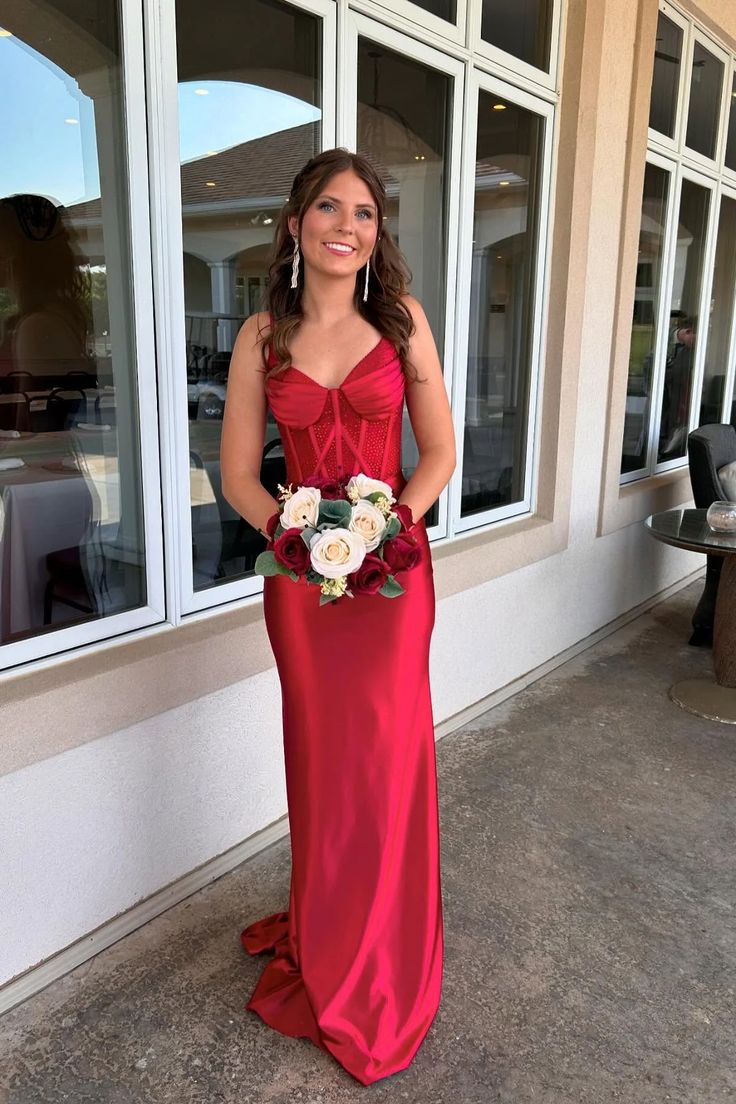 Classy Spaghetti Straps Red Satin Mermaid Bridesmaid Dress Formal Wedding Guest Dress D1014