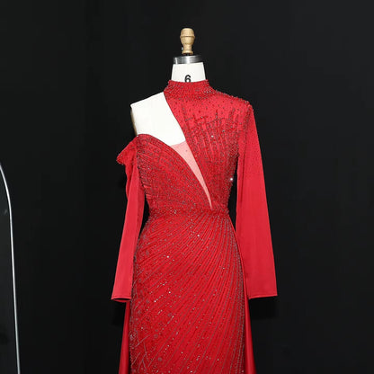 Wine Red One Shoulder Evening Dress with Overskirt SS019