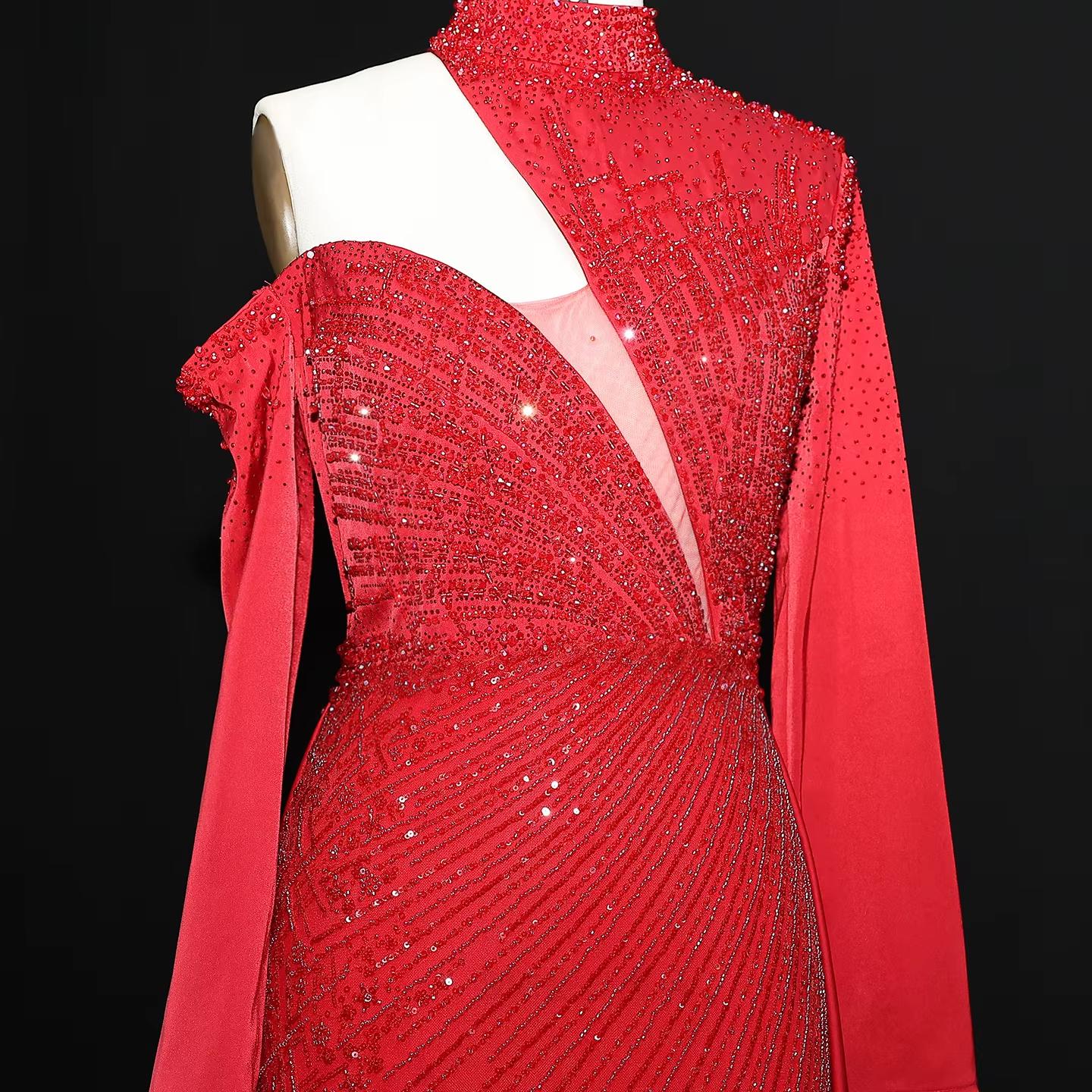 Wine Red One Shoulder Evening Dress with Overskirt SS019