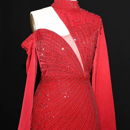 Wine Red One Shoulder Evening Dress with Overskirt SS019