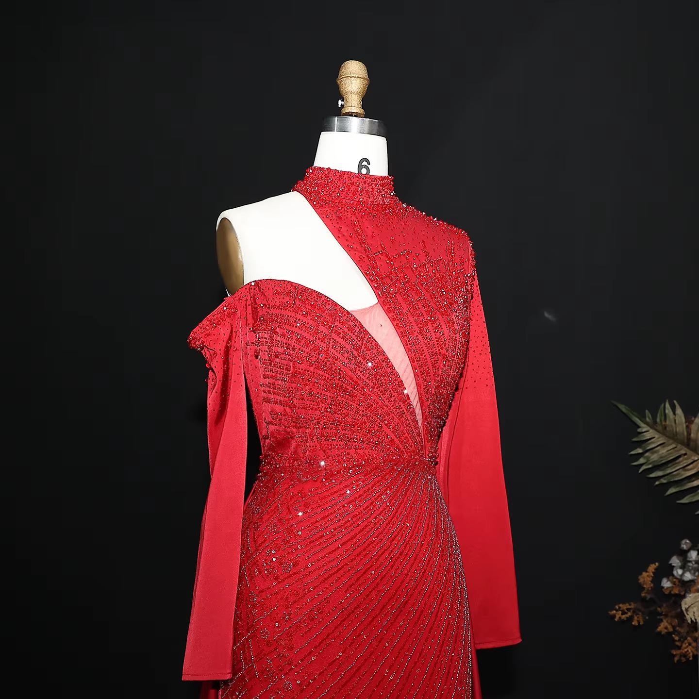 Wine Red One Shoulder Evening Dress with Overskirt SS019