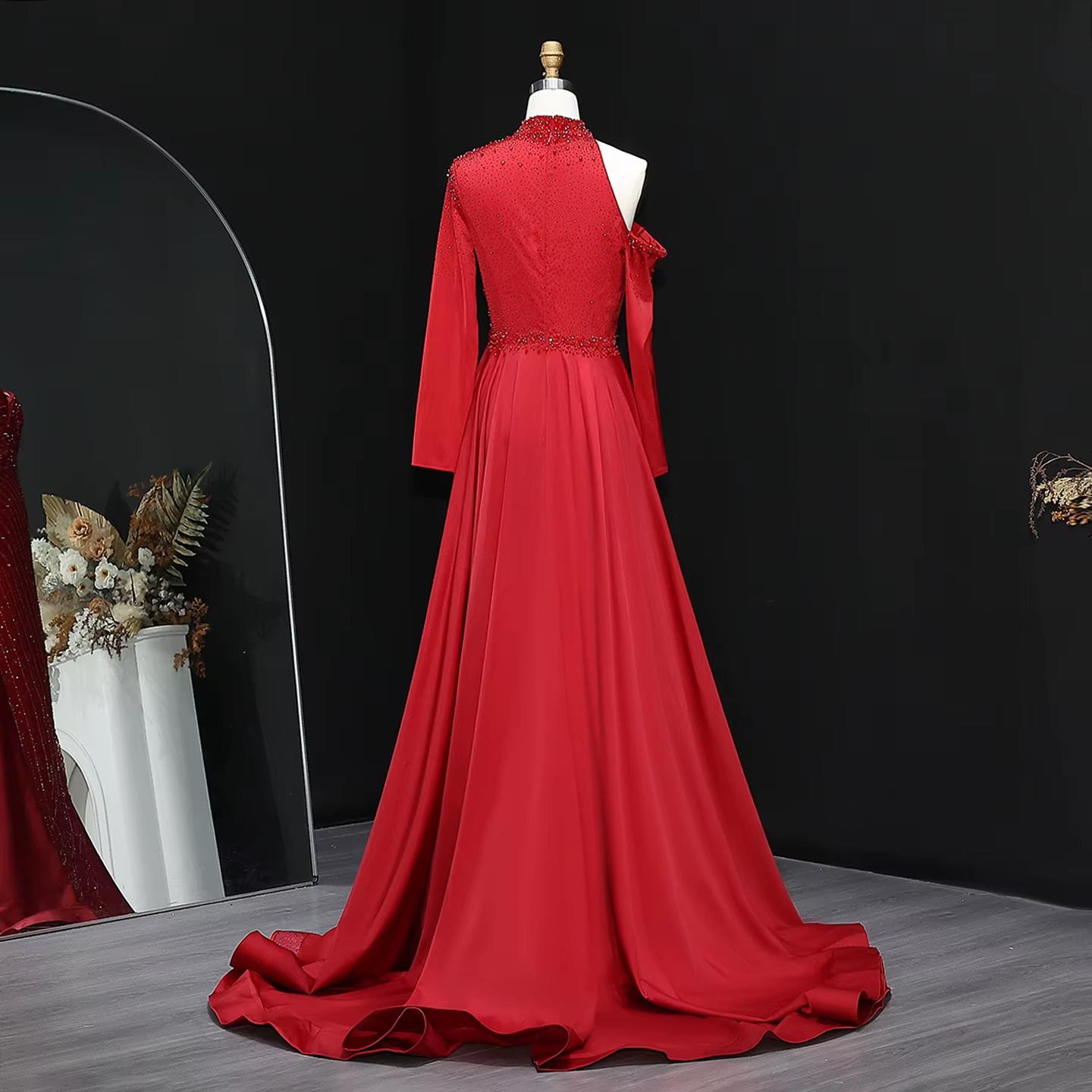 Wine Red One Shoulder Evening Dress with Overskirt SS019