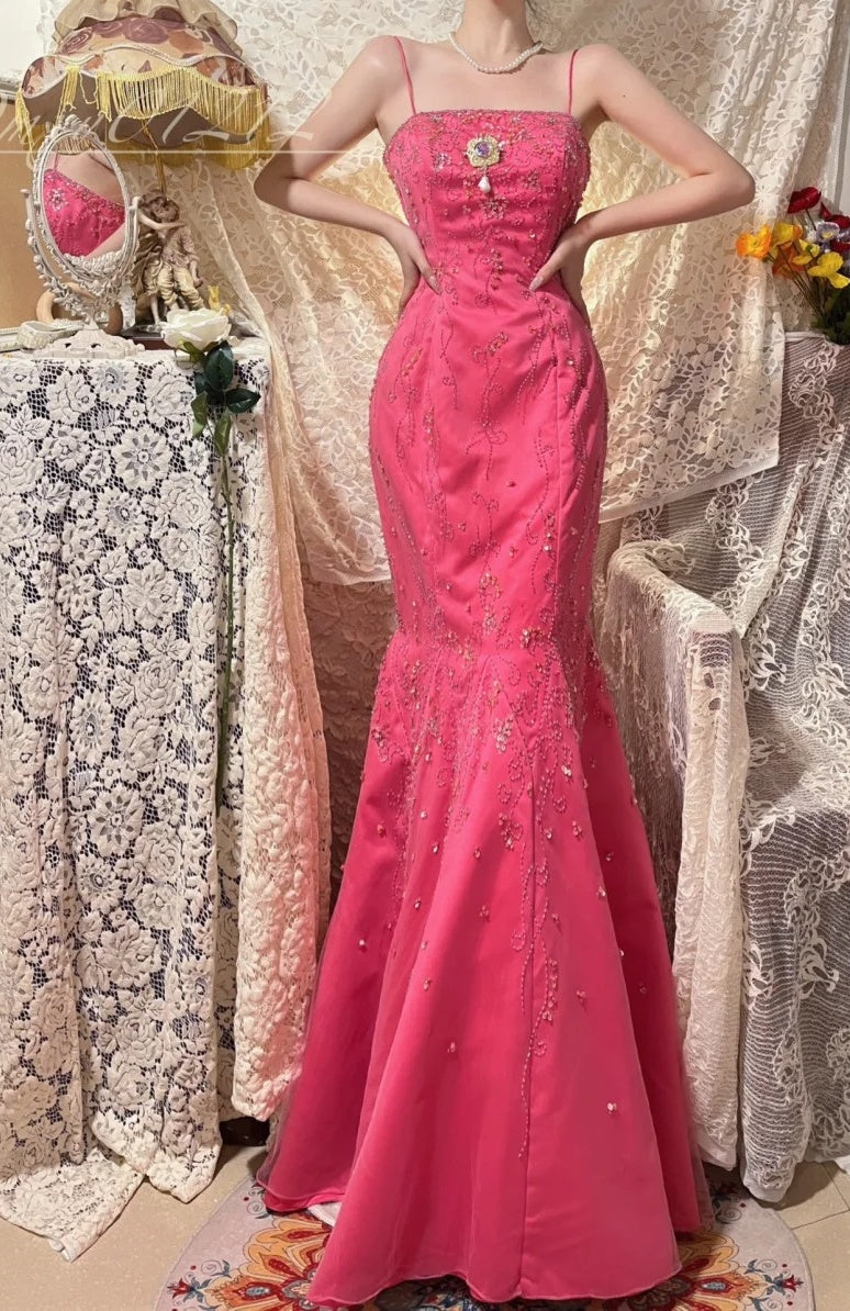 Pink Beaded Floral Elegant Long Satin Ball Gown Evening Dress Party Dress Bridesmaid Dresses gh4465
