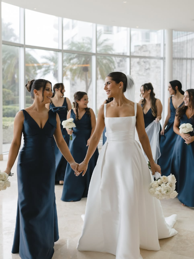 Navy Blue Mermaid V Neck Satin Long Bridesmaid Dress Evening Dress with Bow SH3272