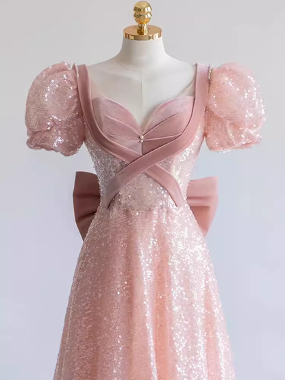 Pretty A line Sweetheart Short Sleeves Long Evening Party Dress Pink Prom Dresses PD0053