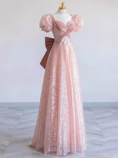 Pretty A line Sweetheart Short Sleeves Long Evening Party Dress Pink Prom Dresses PD0053