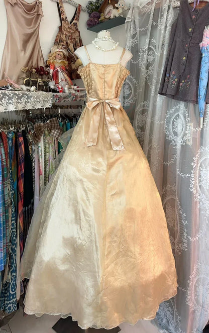 Princess A Line Spaghetti Strap Ruffle Golden Tulle Long Party Dress Evening Dress with Bow SH2900