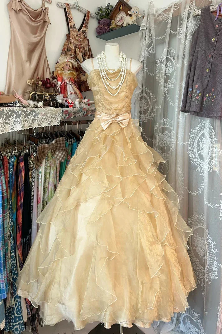 Princess A Line Spaghetti Strap Ruffle Golden Tulle Long Party Dress Evening Dress with Bow SH2900