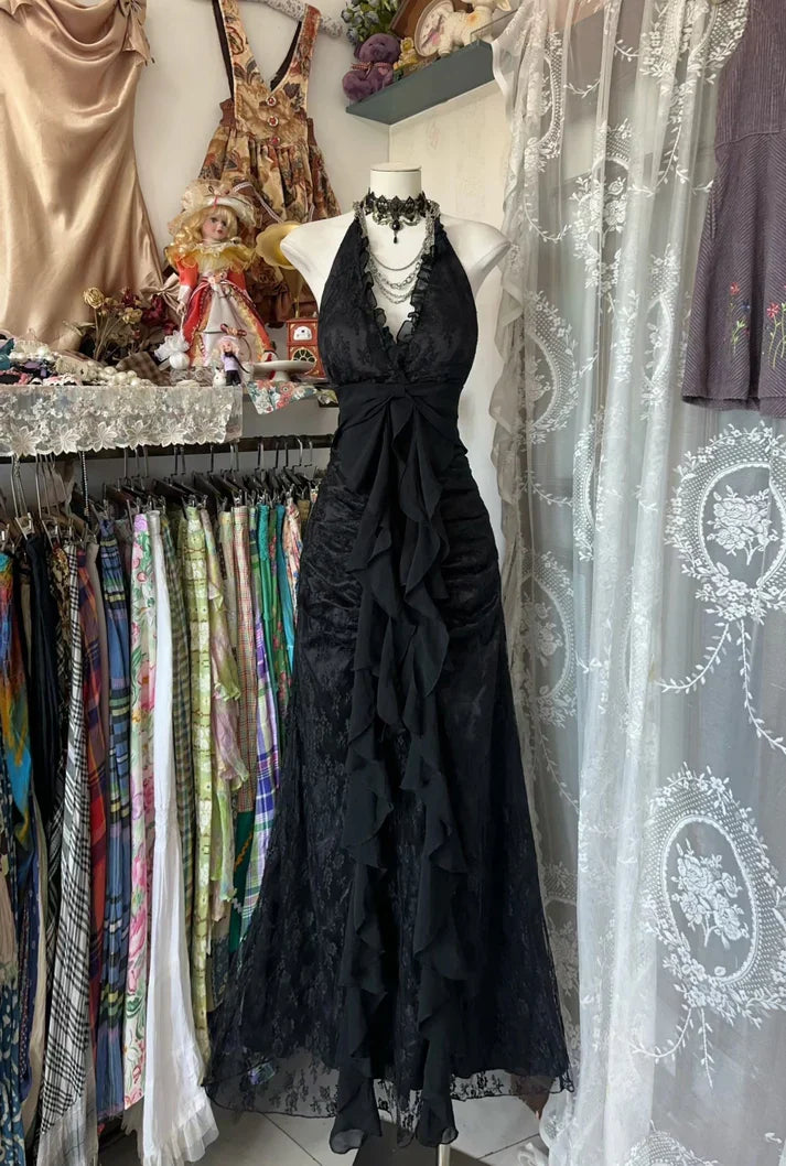 Vintage Mermaid Halter Sleeveless Long Black Lace Evening Dress Prom Dresses SH3093