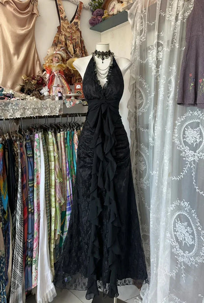Vintage Mermaid Halter Sleeveless Long Black Lace Evening Dress Prom Dresses SH3093
