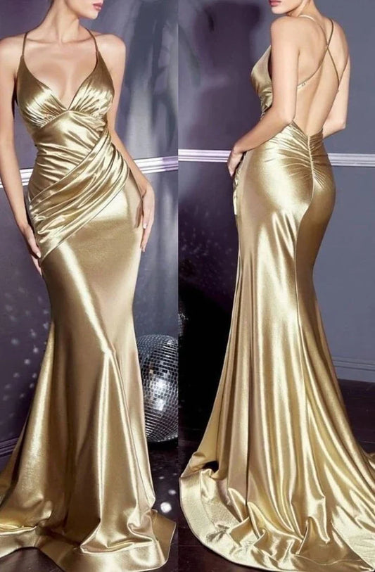 Gorgeous Mermaid Halter Floor Length Gold Satin Evening Dress Prom Dresses SH3094