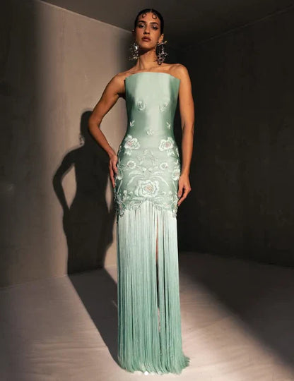 Unique Sheath Strapless Embroidered Flower Sage Green Satin Party Dress Evening Dress SH2899