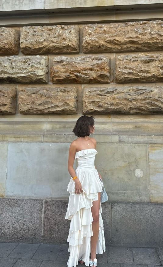 Enchanting White Strapless Ruffles High Slit Long Prom Dress Evening Dress TP4316