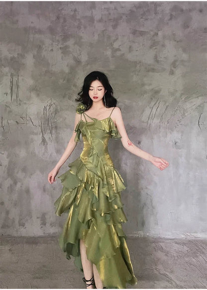 Pretty Irregular Ruffle Spaghetti Straps Green Prom Dresses With Flower Long Birthday Dress SH2894