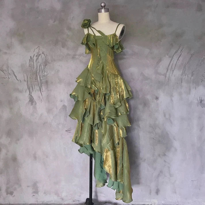 Pretty Irregular Ruffle Spaghetti Straps Green Prom Dresses With Flower Long Birthday Dress SH2894