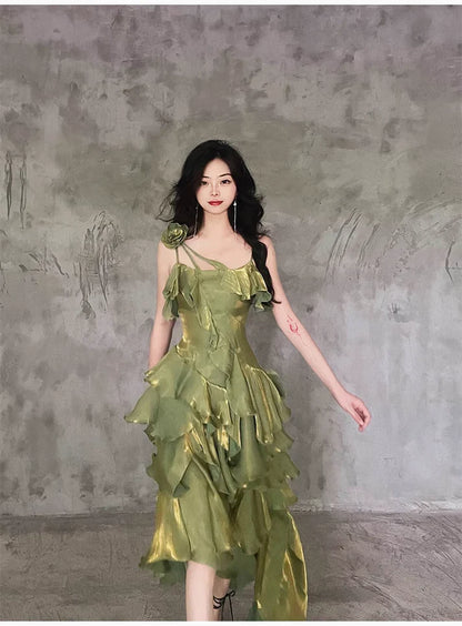 Pretty Irregular Ruffle Spaghetti Straps Green Prom Dresses With Flower Long Birthday Dress SH2894