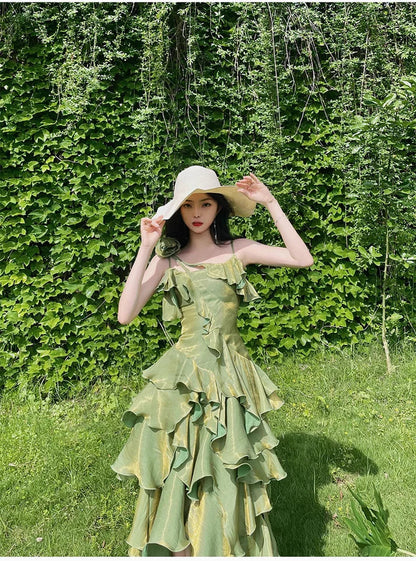 Pretty Irregular Ruffle Spaghetti Straps Green Prom Dresses With Flower Long Birthday Dress SH2894