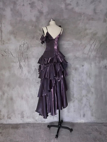 Pretty Irregular Ruffle Spaghetti Straps Grape Prom Dresses With Flower Long Birthday Dress SH2895