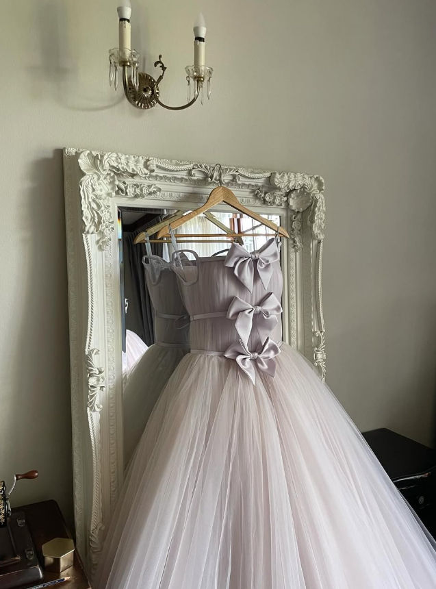 Stunning A Line Spaghetti Strap Bow Light Purple Tulle Long Party Dress Evening Dress SH2889