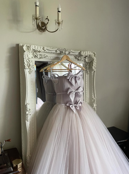 Stunning A Line Spaghetti Strap Bow Light Purple Tulle Long Party Dress Evening Dress SH2889