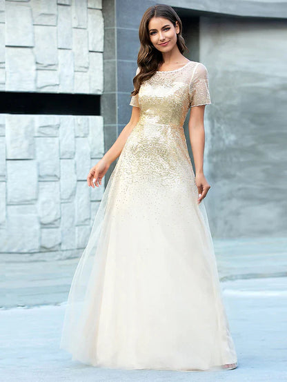 A-Line Jewel Neck Floor Length Tulle Bridesmaid Dress with Sequin