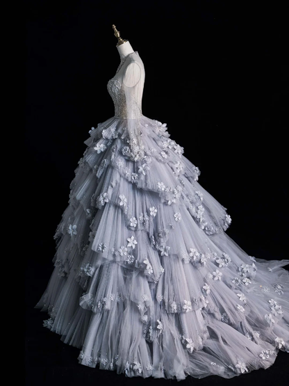 Unique A Line Long Sleeve Flower Tiered Tulle Long Party Dress Evening Dress Ball Gown SH2815